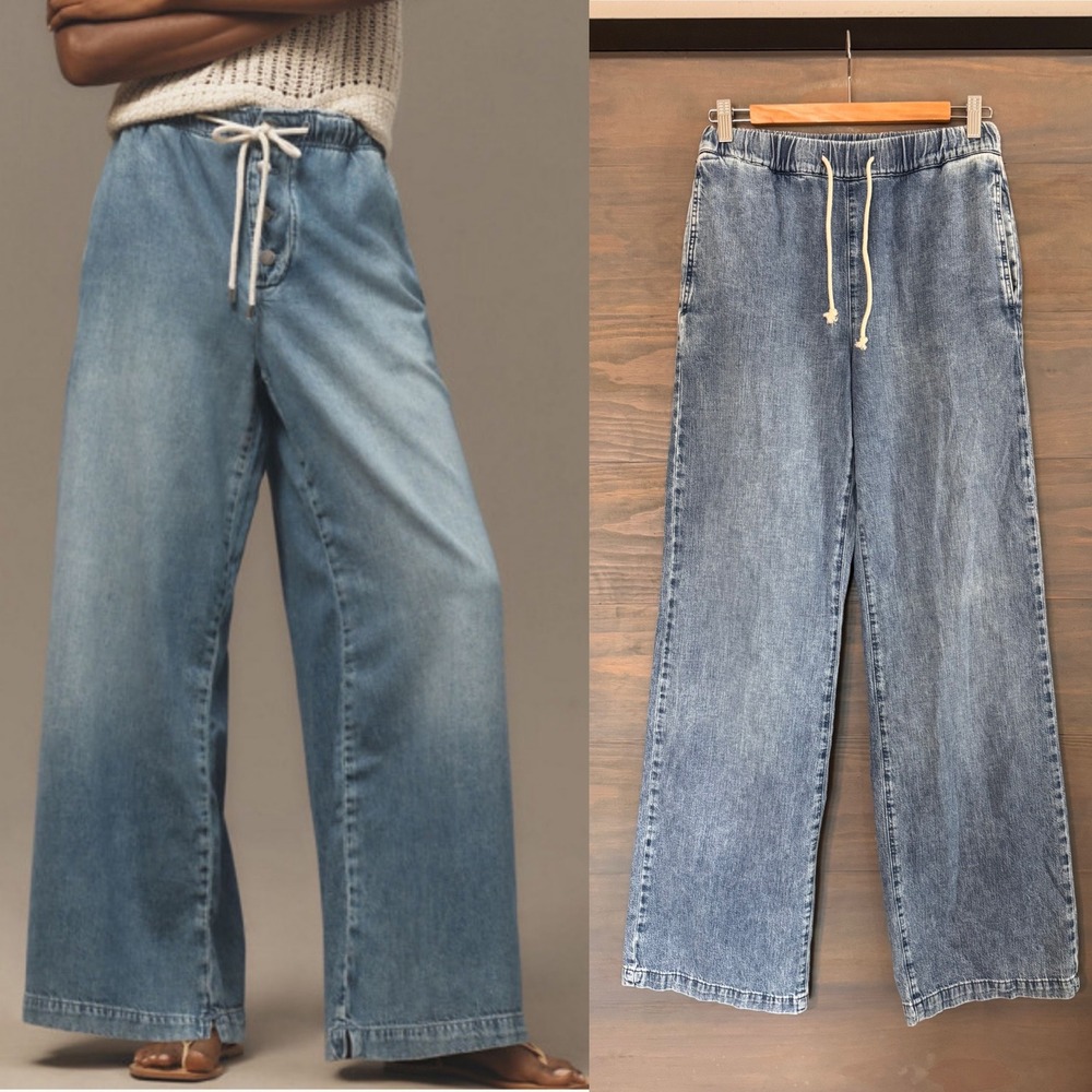 Nuuds Wide Leg Denim Light Wash Blue Elastic Waist Drawstring XS